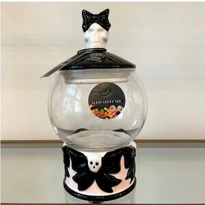 Cobwebs & Cauldrons Halloween Goth Glam Skulls & Bows Round Glass Candy Jar NEW